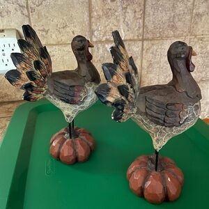 Pair-Decorative Turkey Figurines on Pumpkin Base